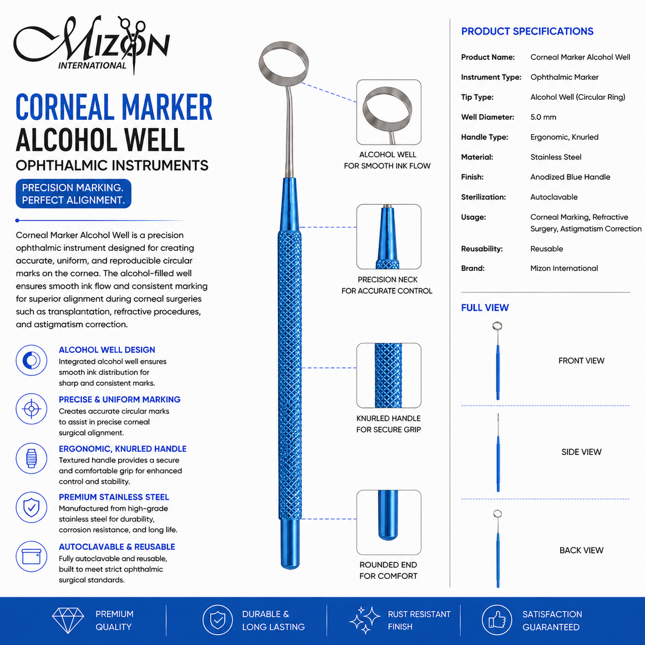 Premium Corneal Marker Alcohol Well Stainless Steel Ophthalmic Instrument with Circular Ring for Precise Corneal Marking