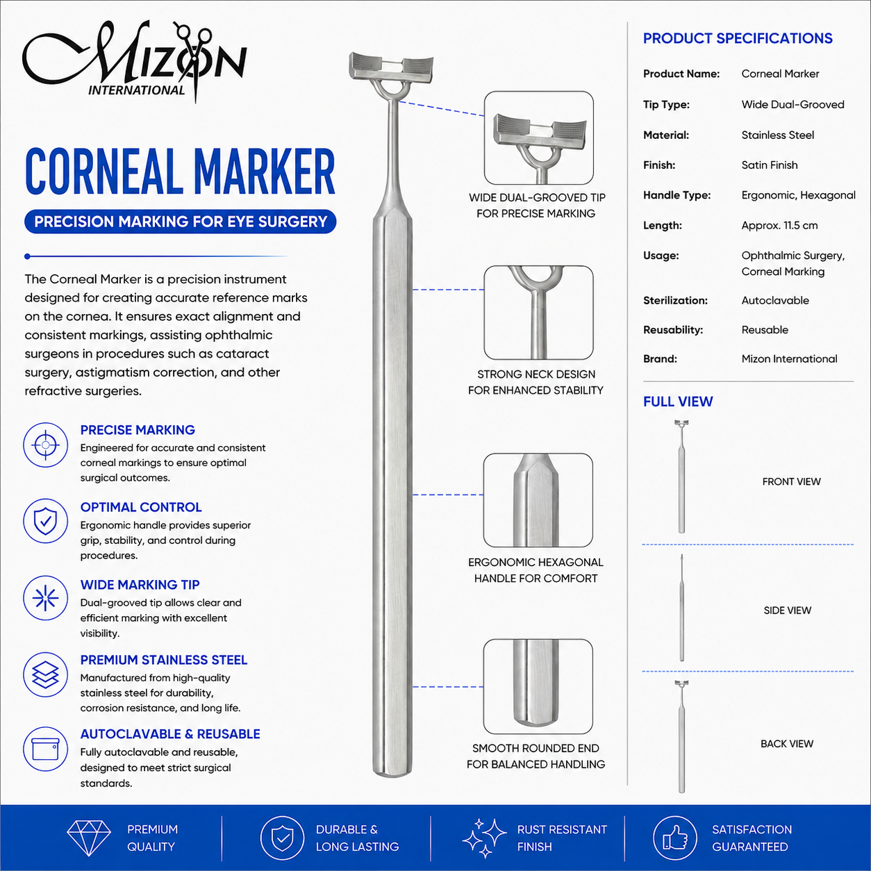 Wide Dual-Grooved Corneal Marker Stainless Steel Ophthalmic Surgical Instrument for Precision Eye Surgery by Mizon International