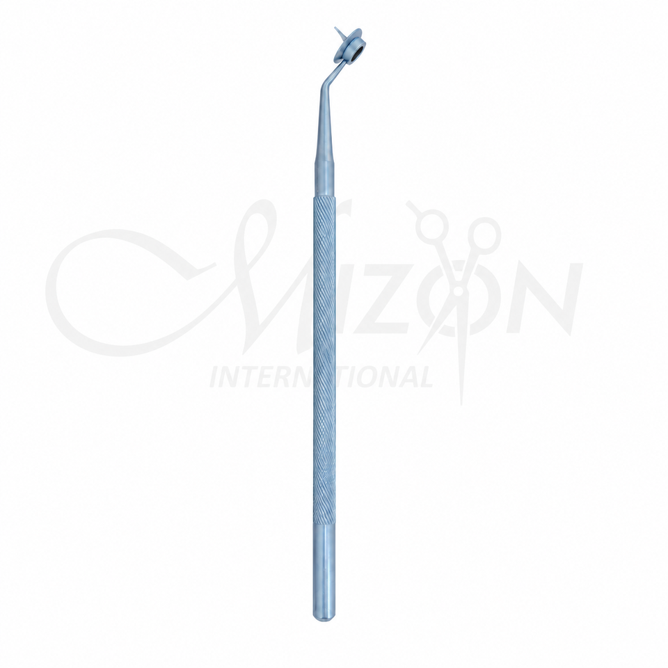 Mizon International stainless steel corneal marker ophthalmology instrument with angled precision tip and textured ergonomic handle
