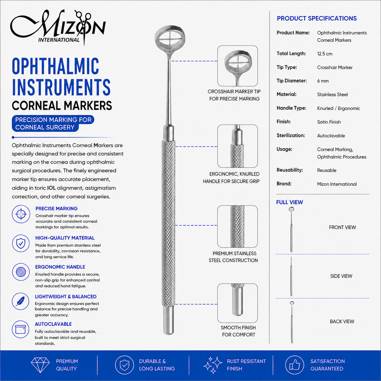 Premium Stainless Steel Crosshair Corneal Marker Ophthalmic Instrument for Accurate Corneal Surgery Marking