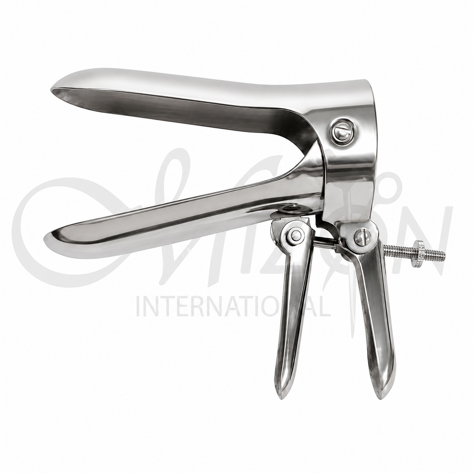Mizon International Cusco Vaginal Speculum featuring a self-retaining two-blade design, adjustable positioning mechanism, stainless steel construction, and professional gynecological instrument design.