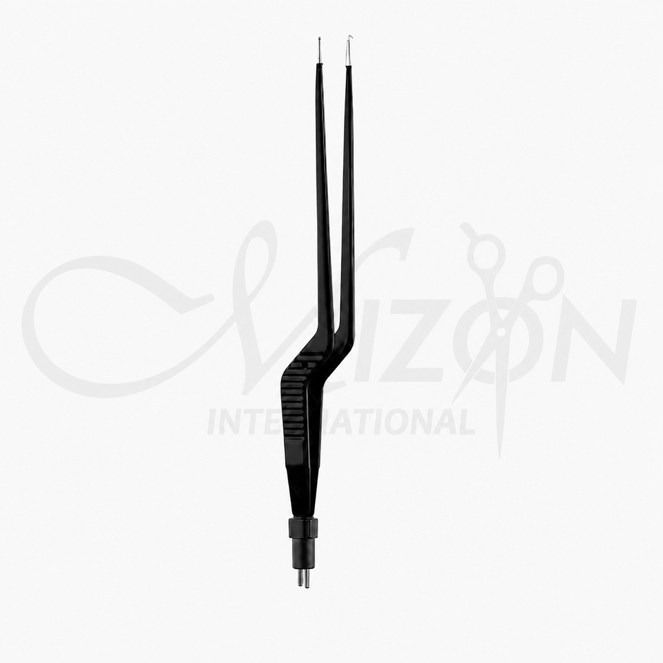 Mizon International 18cm Cushing bipolar bayonet forceps with 1mm fine tips and black insulated coating