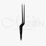 Mizon International 18cm Cushing bipolar bayonet forceps with 1mm fine tips and black insulated coating
