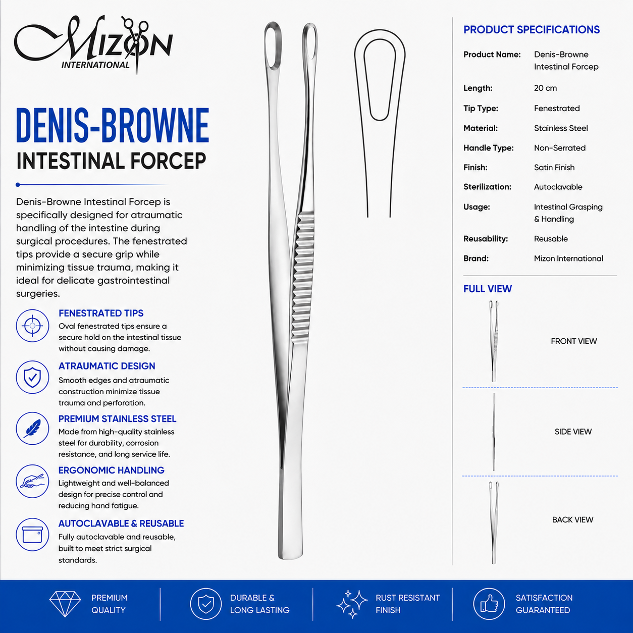 Denis-Browne Intestinal Forceps 20 cm Stainless Steel Surgical Instrument with Fenestrated Tips by Mizon International