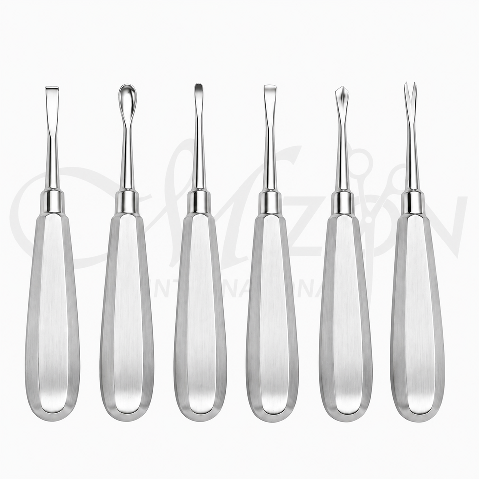 Mizon International Dental Elevators Precision Dental Instruments manufactured from premium medical-grade surgical stainless steel featuring precision working tips, ergonomic textured non-slip handles, and a satin polished finish for tooth extraction, root elevation, luxation, oral surgery, and maxillofacial procedures in dental clinics and hospitals.