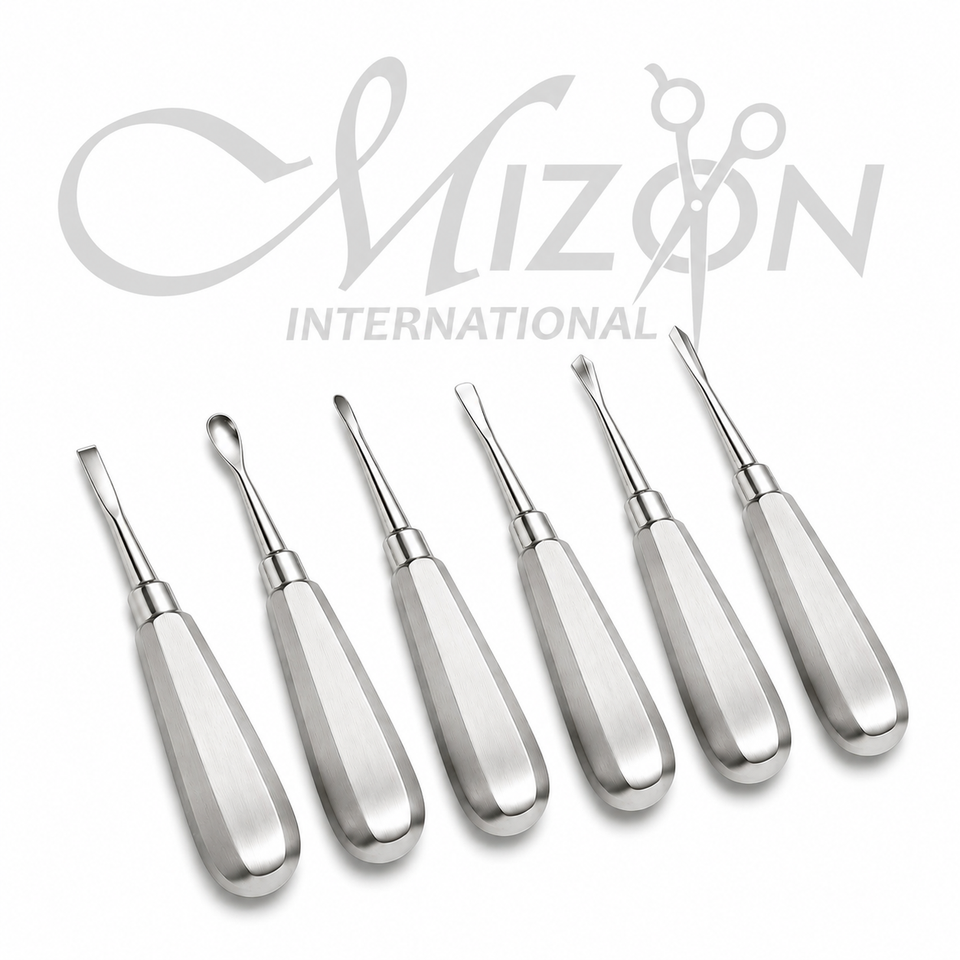 Mizon International Dental Elevators Precision Dental Instruments manufactured from premium medical-grade surgical stainless steel featuring precision working tips, ergonomic textured non-slip handles, and a satin polished finish for tooth extraction, root elevation, luxation, oral surgery, and maxillofacial procedures in dental clinics and hospitals.
