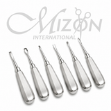 Mizon International Dental Elevators Precision Dental Instruments manufactured from premium medical-grade surgical stainless steel featuring precision working tips, ergonomic textured non-slip handles, and a satin polished finish for tooth extraction, root elevation, luxation, oral surgery, and maxillofacial procedures in dental clinics and hospitals.