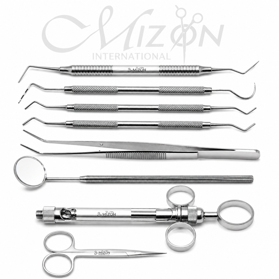 Mizon International Dental Crown Prep Tray Setup 8PCS featuring professional stainless steel dental crown preparation instruments organized in a tray for restorative dentistry, tooth preparation, and prosthodontic procedures.