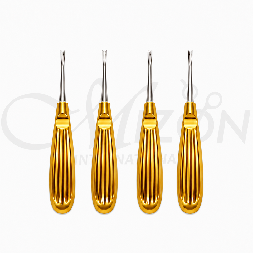 Mizon International Dental Elevators with Notched V Tip manufactured from premium medical-grade surgical stainless steel featuring a precision notched V working tip, ergonomic textured non-slip handle, and satin polished finish for tooth extraction, root elevation, root fragment removal, oral surgery, and maxillofacial procedures in hospitals and dental clinics.