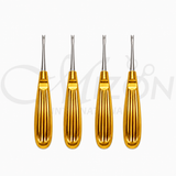 Mizon International Dental Elevators with Notched V Tip manufactured from premium medical-grade surgical stainless steel featuring a precision notched V working tip, ergonomic textured non-slip handle, and satin polished finish for tooth extraction, root elevation, root fragment removal, oral surgery, and maxillofacial procedures in hospitals and dental clinics.