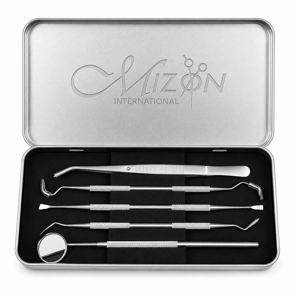 Mizon International Dental Examination Set 5PCS featuring professional stainless steel dental examination instruments supplied in a stainless steel box package for oral inspection, dental examination, and general dentistry.