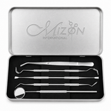 Mizon International Dental Examination Set 5PCS featuring professional stainless steel dental examination instruments supplied in a stainless steel box package for oral inspection, dental examination, and general dentistry.