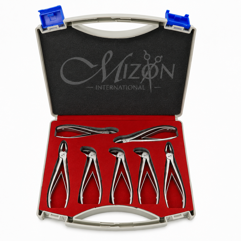 Mizon International Premium Dental Extraction Forceps Kit Set of 7 featuring professional dental extraction forceps designed for secure tooth grasping, controlled extraction, pediatric dentistry, general dental procedures, oral surgery, and professional dental clinic use.
