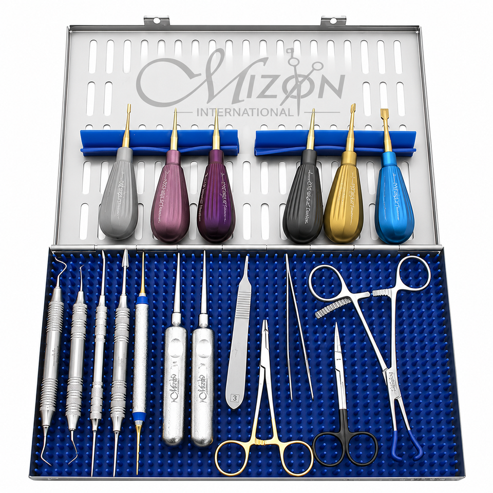 Mizon International Dental Kit with Luxating Instruments featuring color-coated titanium luxating elevators, veterinary extraction instruments, periodontal tools, dental retractors, surgical scissors, and sterilization accessories for feline and canine dental procedures.
