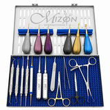 Mizon International Dental Kit with Luxating Instruments featuring color-coated titanium luxating elevators, veterinary extraction instruments, periodontal tools, dental retractors, surgical scissors, and sterilization accessories for feline and canine dental procedures.