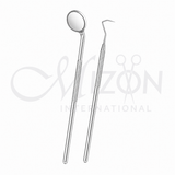 Stainless Steel Dental Mirror Set with Explorer featuring a high-definition examination mirror, sharp explorer tip, ergonomic knurled handle, reusable and autoclavable by Mizon International.