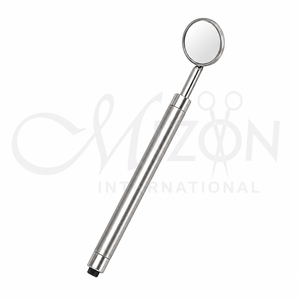 Stainless Steel Dental Mirror with Handle featuring a high-definition round mirror, ergonomic straight handle, polished finish, reusable and autoclavable by Mizon International.