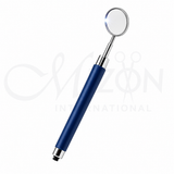 Dental Mirror with LED Light featuring a stainless steel round mirror, built-in LED illumination, ergonomic blue non-slip handle, reusable and autoclavable by Mizon International.