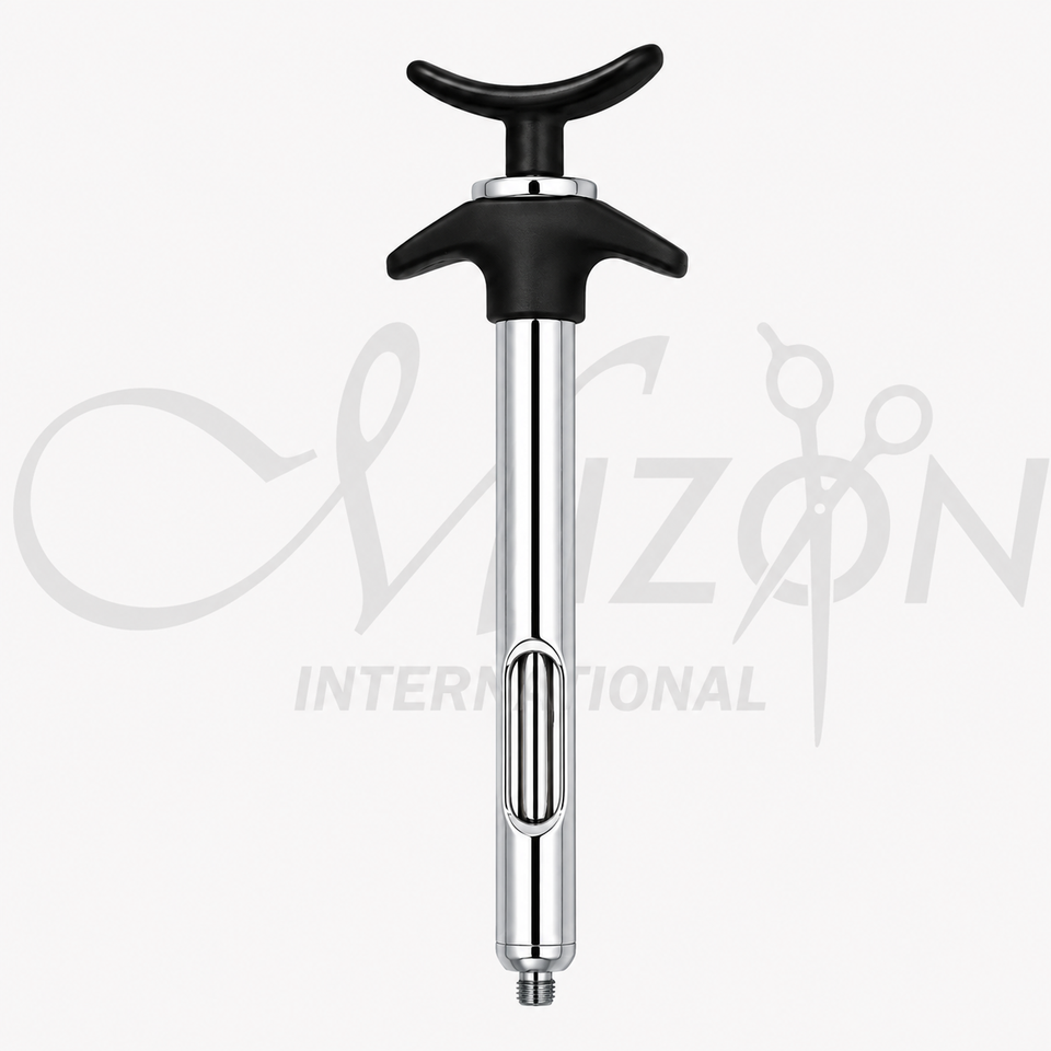 Mizon International Dental Self-Aspirating Syringe 2.2 ML featuring a Karpule self-aspirating design, 2.2 ML capacity, ergonomic professional construction, controlled aspiration function, and precision handling for dental anesthesia procedures.
