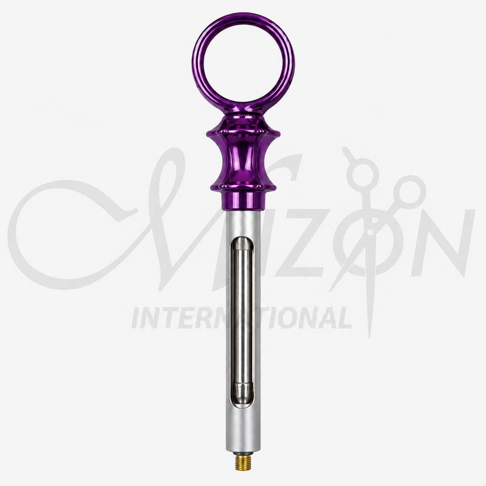 Mizon International Dental Self-Aspirating Syringe 2.2 ML in Purple featuring a professional self-aspirating design, 2.2 ML capacity, ergonomic dental construction, and precision handling for controlled dental anesthesia procedures.