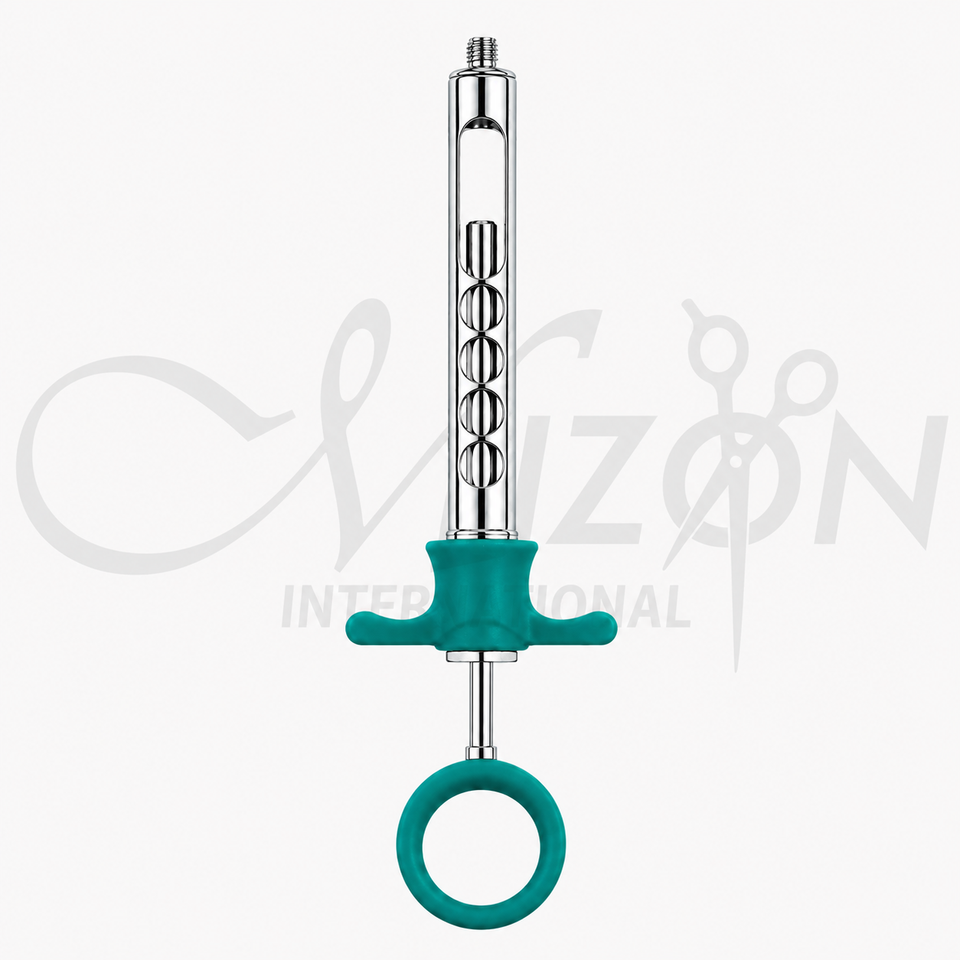 Mizon International Dental Self-Aspirating Syringe 1.8 ml featuring High-Grade Surgical Stainless Steel Construction, Self-Aspirating Design, Exchangeable European and American Thread, Ergonomic Professional Handle, Autoclavable Reusable Construction, and Professional Dental Anesthesia Application.