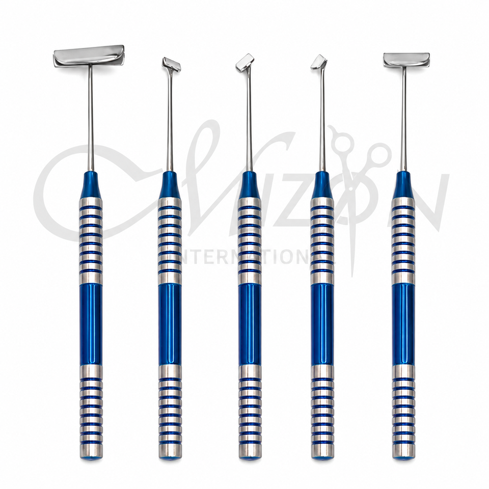Mizon International Dental Soft Brushing Kit featuring five specialized soft-tissue flap instruments with regular, angled, medium, and large tips plus a 5-piece sterilizing cassette for professional dental and periodontal procedures.