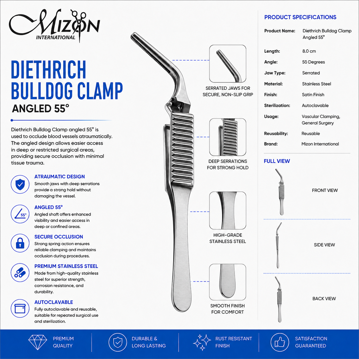 Diethrich Bulldog Clamp Angled 55 Degree 8 cm Stainless Steel Surgical Instrument by Mizon International