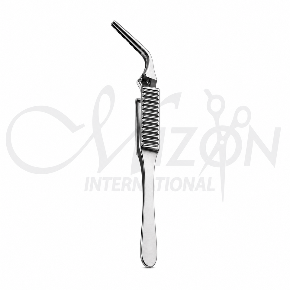 Diethrich Bulldog Clamp Angled 55° stainless steel atraumatic vascular clamp with serrated jaws for vessel occlusion by Mizon International.