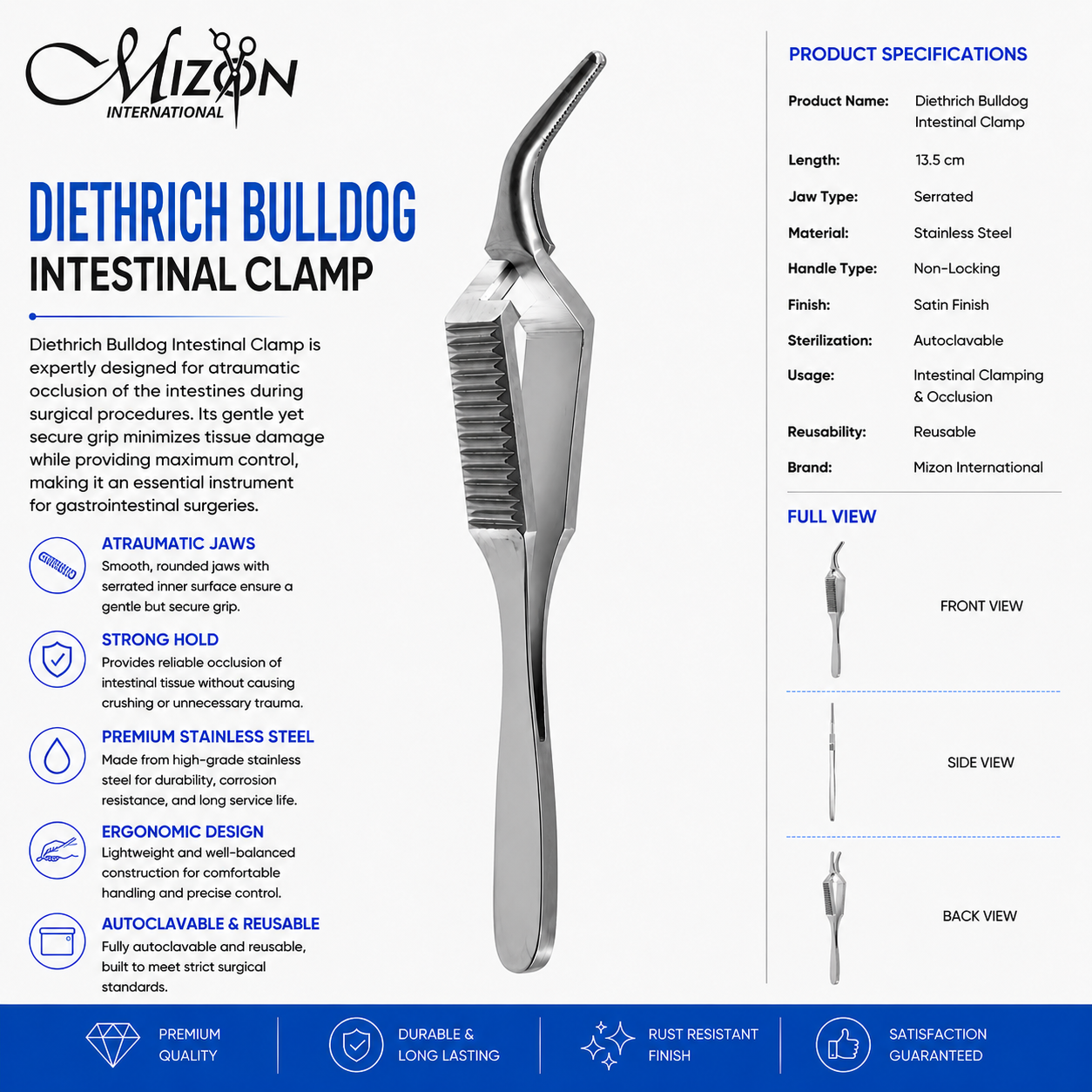 Diethrich Bulldog Intestinal Clamp 13.5 cm Stainless Steel Surgical Instrument by Mizon International