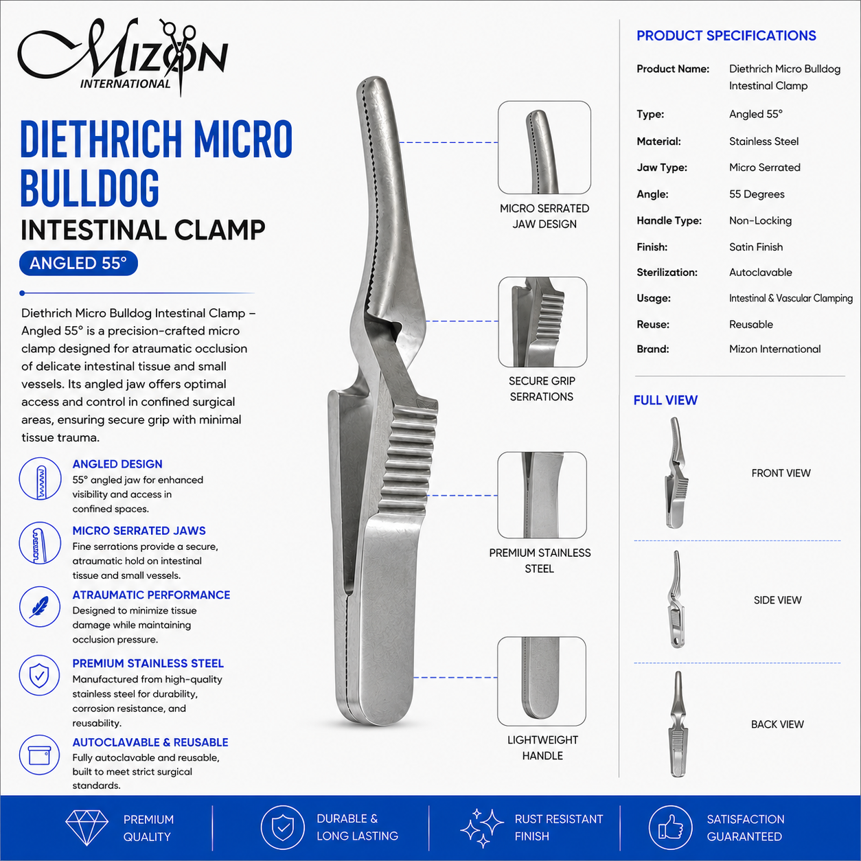 Diethrich Micro Bulldog Intestinal Clamp Angled 55° Stainless Steel Surgical Instrument by Mizon International