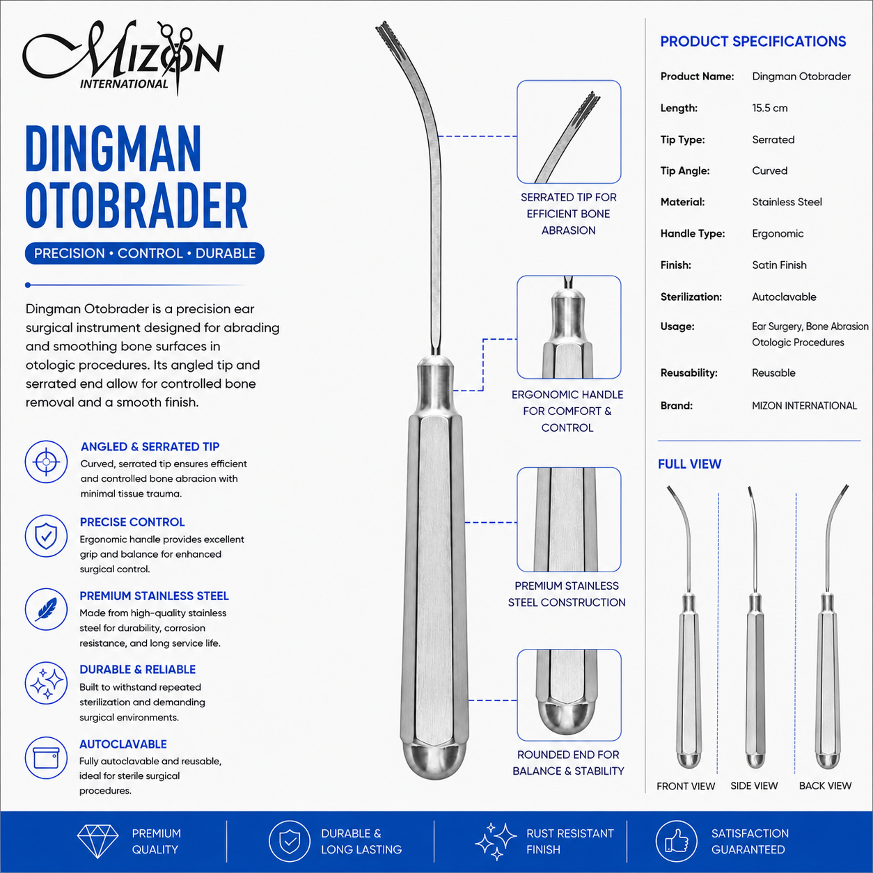Dingman Otobrader 15.5 cm stainless steel ENT surgical instrument with curved serrated tip by Mizon International