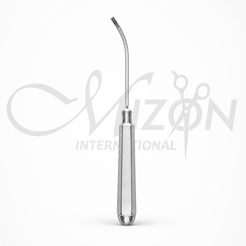 Mizon International 15.5cm Dingman Otobrader with curved serrated tip and ergonomic stainless steel handle
