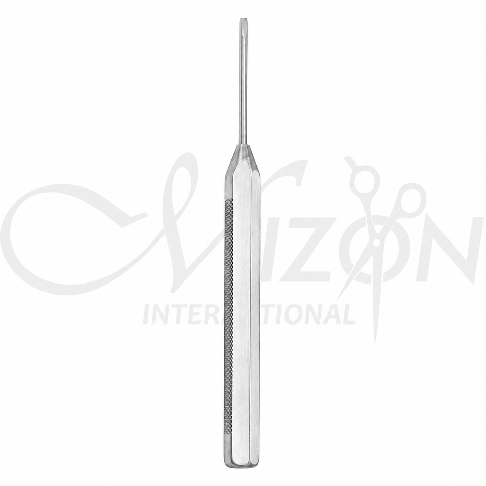 Mizon International 17.5cm Dingman Otobrader with flat blade tip and textured octagonal stainless steel handle