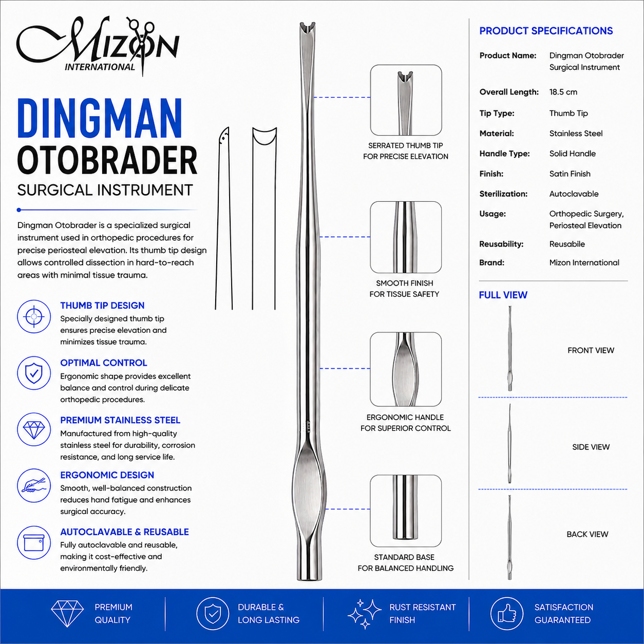 Dingman Otobrader 18.5 cm stainless steel surgical instrument with thumb tip by Mizon International