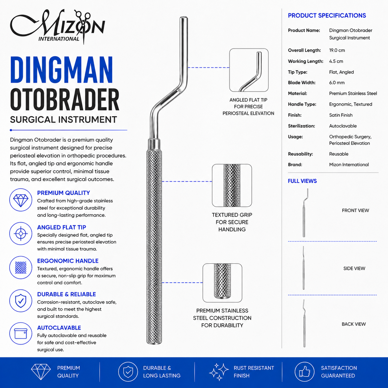 Dingman Otobrader 19cm angled flat tip stainless steel surgical instrument by Mizon International