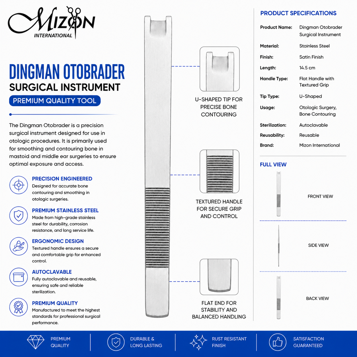 Dingman Otobrader Surgical Instrument with U-Shaped Tip Stainless Steel ENT Bone Contouring Tool by Mizon International