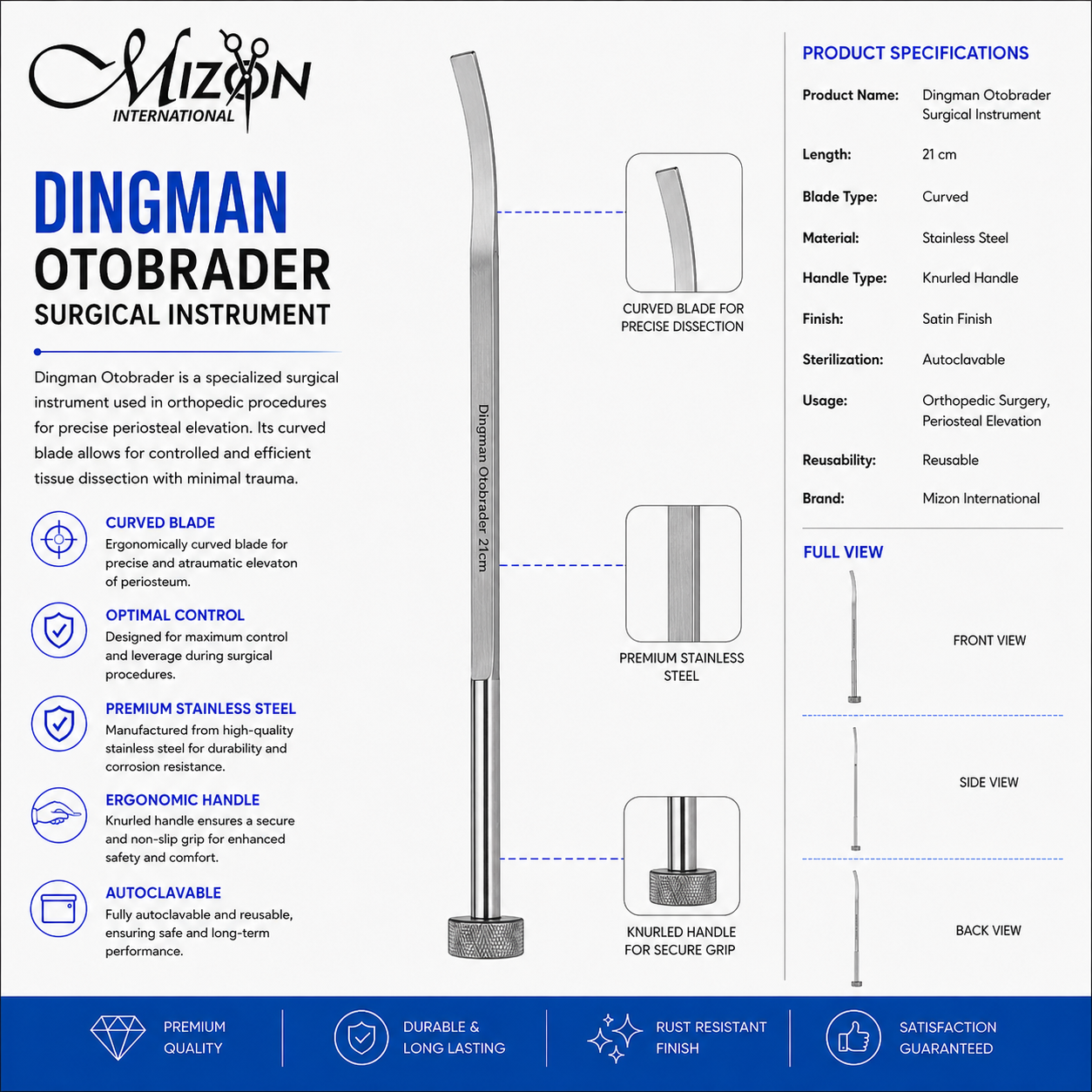 Dingman Otobrader Surgical Instrument 21cm Stainless Steel Curved Periosteal Elevator by Mizon International