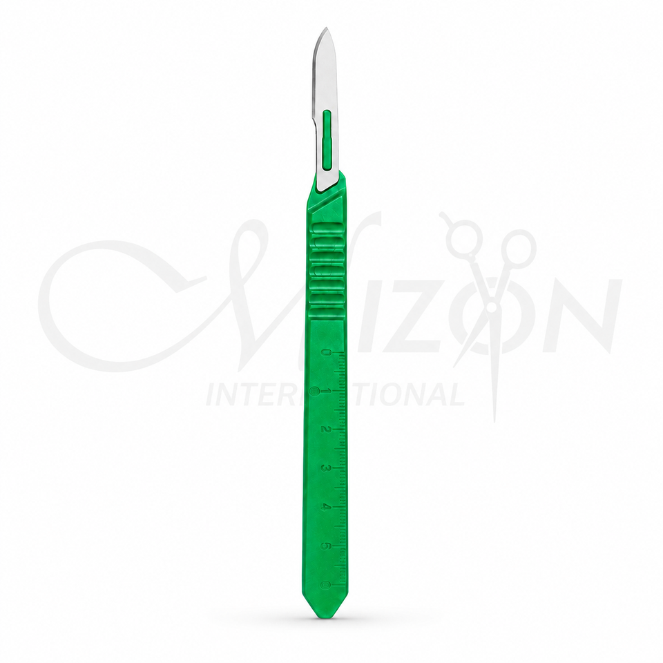 Mizon sterile disposable scalpel with stainless-steel blade, green textured ABS handle and built-in measurement scale