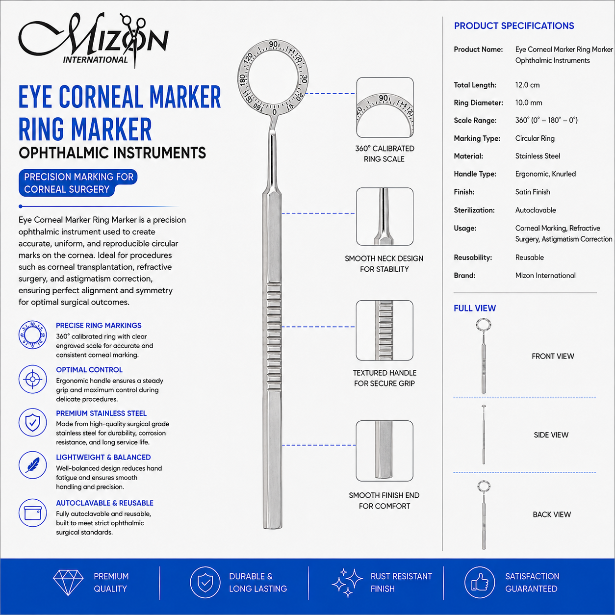 Premium 360° Calibrated Eye Corneal Marker Ring Marker Stainless Steel Ophthalmic Surgical Instrument