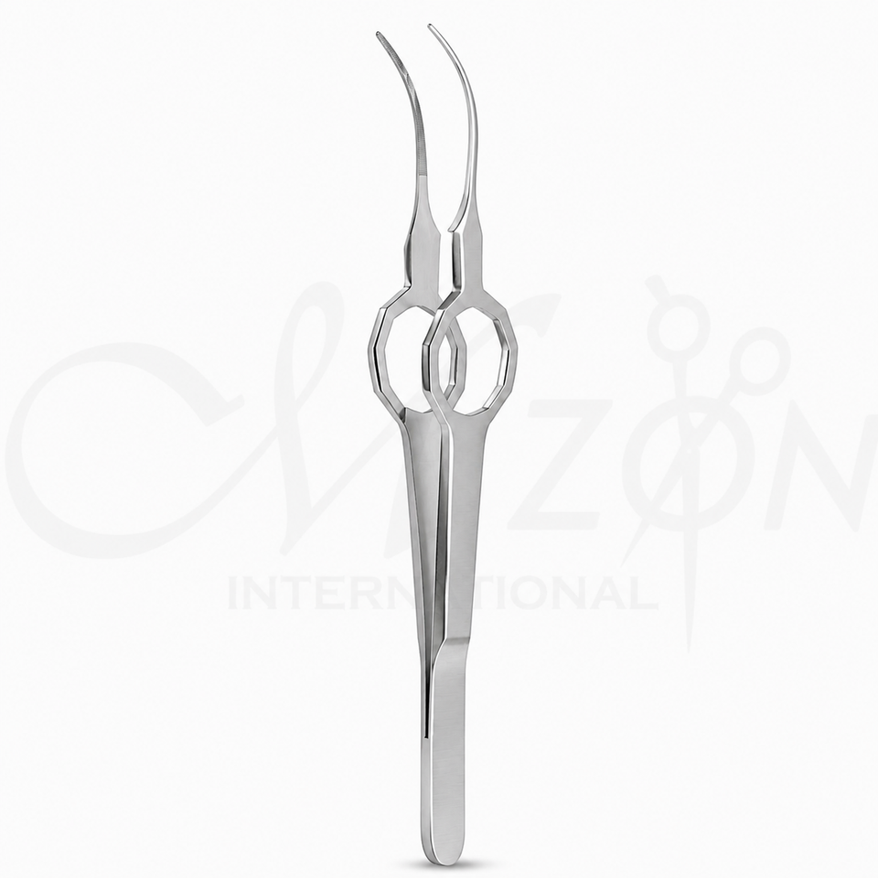 Mizon International Eye Iris Forceps featuring fine precision tips, surgical-grade stainless steel construction, slim ergonomic design, and professional ophthalmic handling.