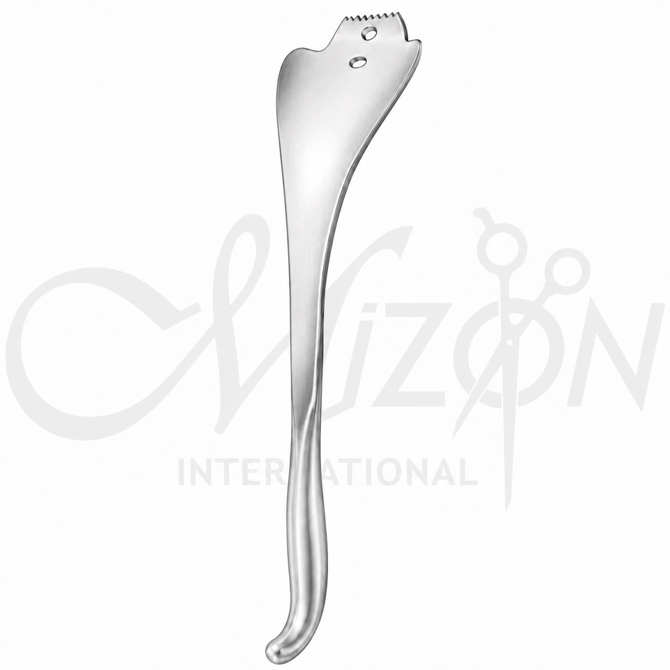 Mizon International Femoral Neck Retractor 13 Inch 330mm with Suction Holes, 50mm tip, 68mm maximum blade width and slightly concave blade