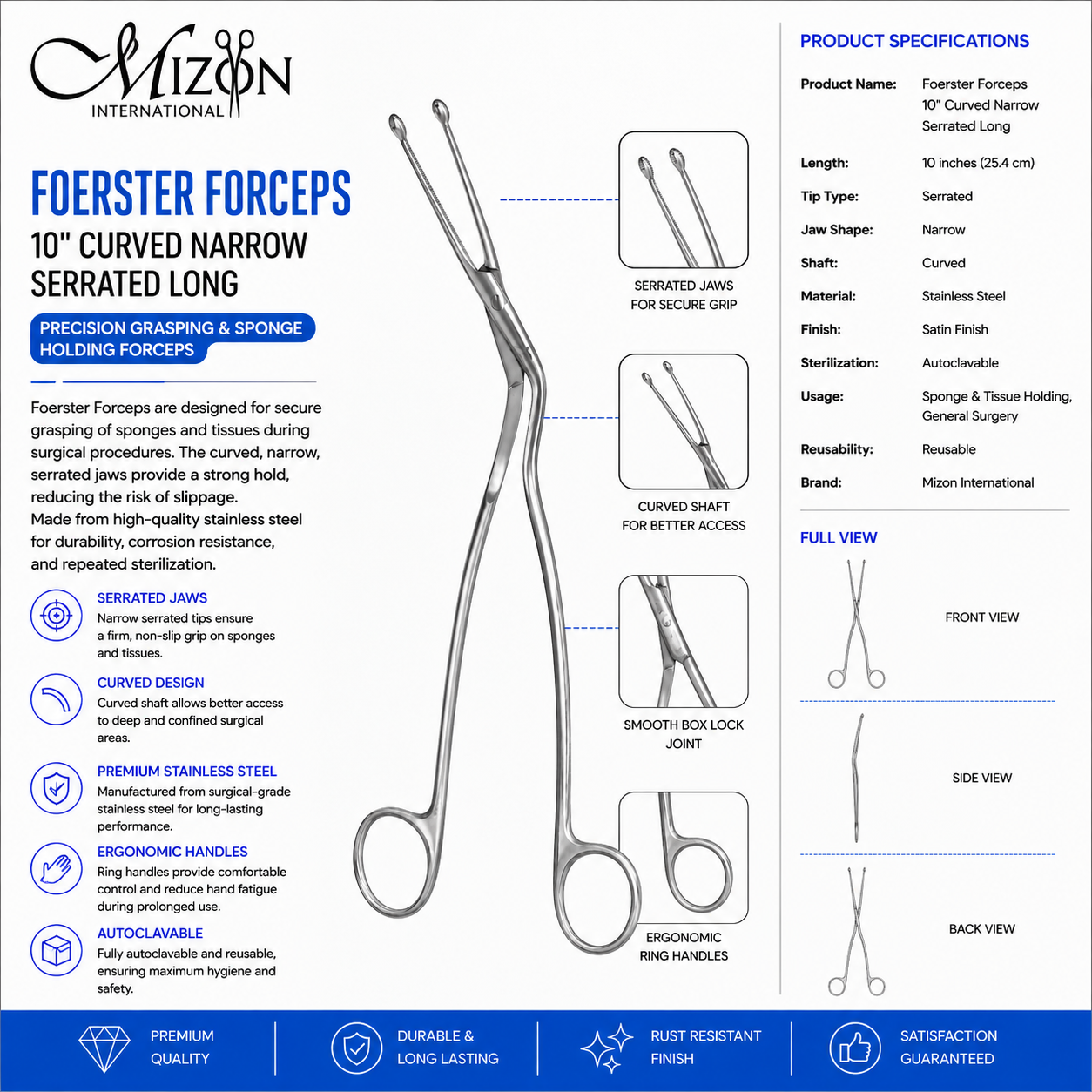 Foerster Forceps 10 Inch Curved Narrow Serrated Long Stainless Steel Sponge Holding Forceps by Mizon International