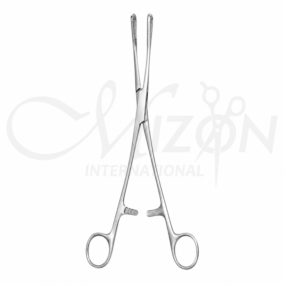 Foerster Forceps 18 cm made from premium stainless steel with serrated jaws, ratchet lock, and ergonomic ring handles for sponge holding and general surgery by Mizon International.