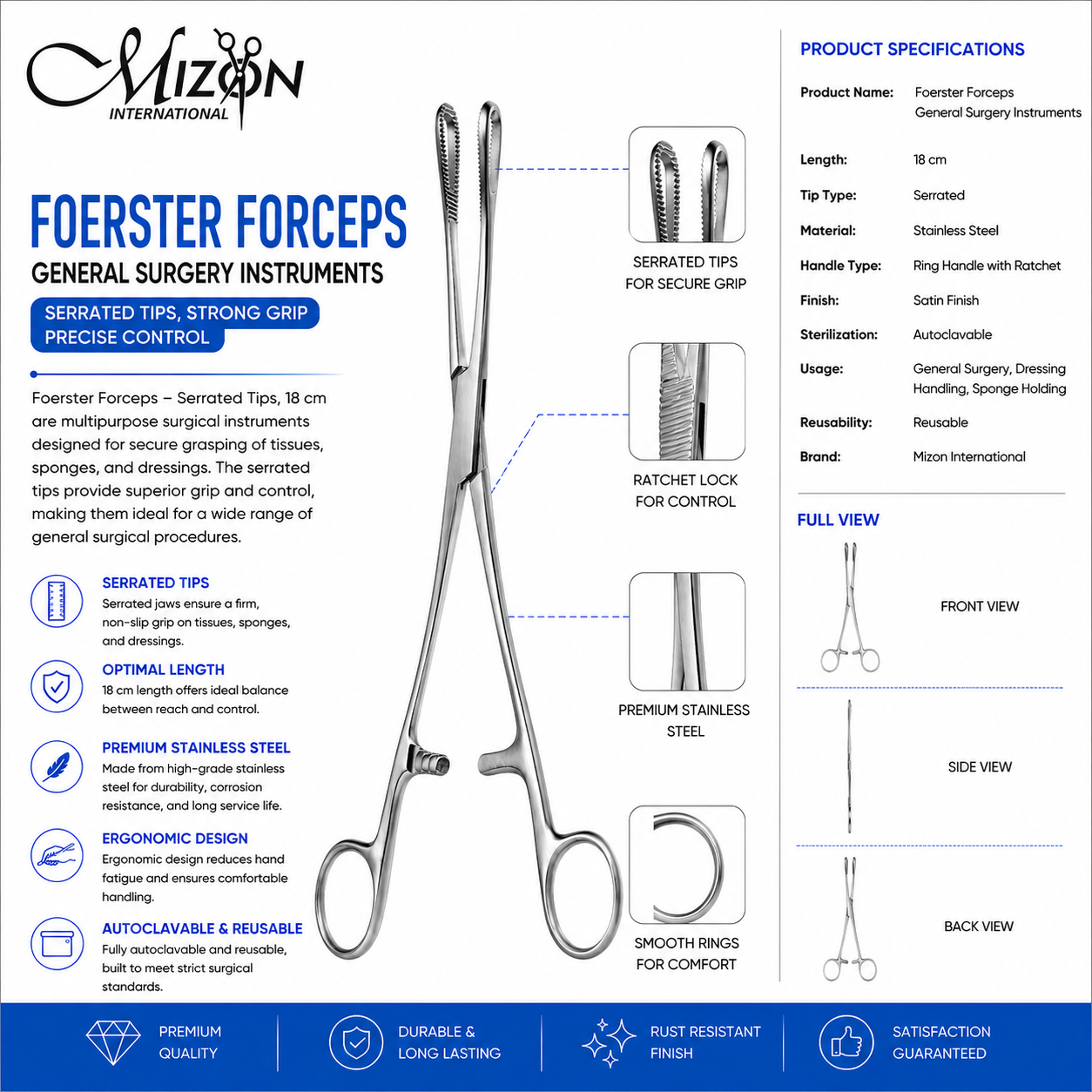 Foerster Forceps 18 cm Stainless Steel Sponge Holding Surgical Forceps with Serrated Tips by Mizon International