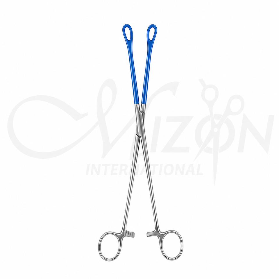 Foerster Non-Conductive Sponge Forceps 25 cm with insulated fenestrated tips, serrated jaws, and ratchet lock for electrosurgical sponge handling by Mizon International.