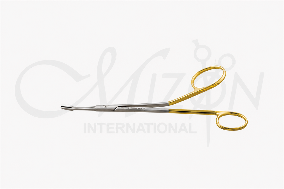 Mizon International Gillies Fine Needle Holder featuring fine tungsten carbide gripping inserts, scissors and needle-holder functionality, non-locking design, and precision surgical construction.
