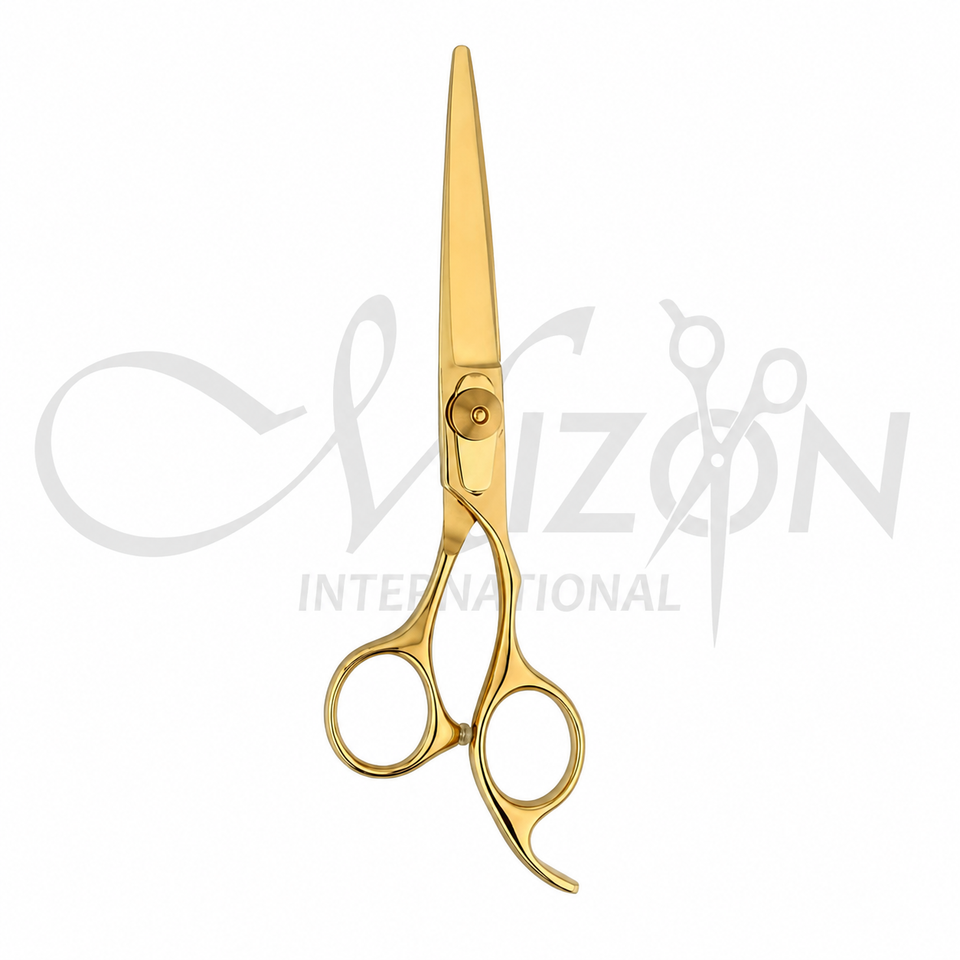 Professional Golden Hair Cutting Scissors by Mizon International with ergonomic handle and precision stainless steel blades for salon and barber use.