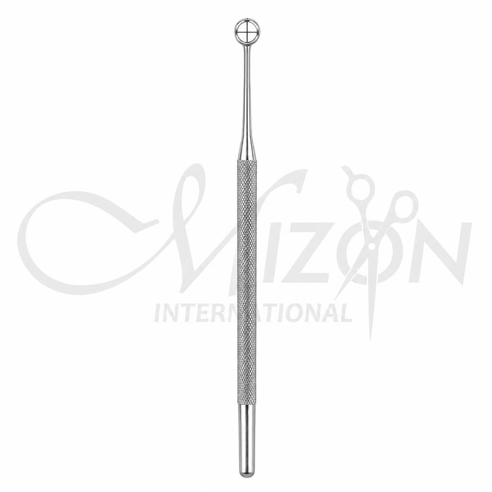 Mizon International Hoffer corneal marker with 5mm circular crosshair tip and knurled stainless steel handle