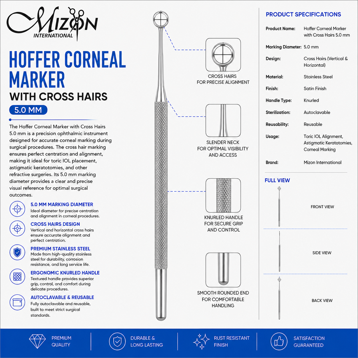 Premium Hoffer Corneal Marker with Cross Hairs 5.0 mm Stainless Steel Ophthalmic Instrument for Precise Corneal Alignment