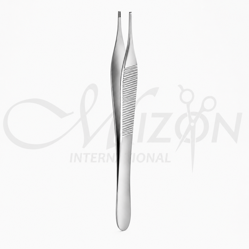 Mizon Hudson Ewald 12cm thumb dressing forceps with serrated tips and textured stainless-steel handle
